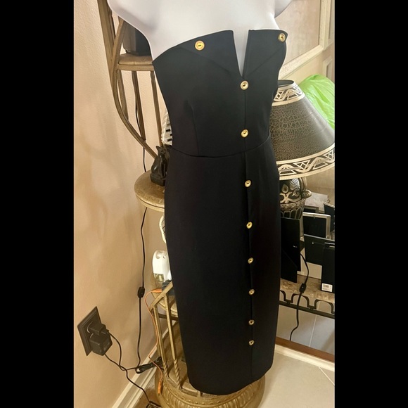 Boohoo Night Bandeau Thigh Maxi Black Dress Button Down V Cut Neckline - Picture 3 of 11